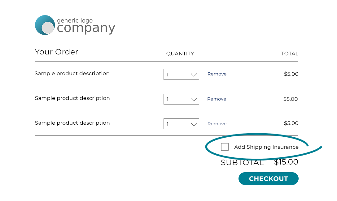 Image: An online checkout screen showing an 'Add Shipping Insurance' checkbox.