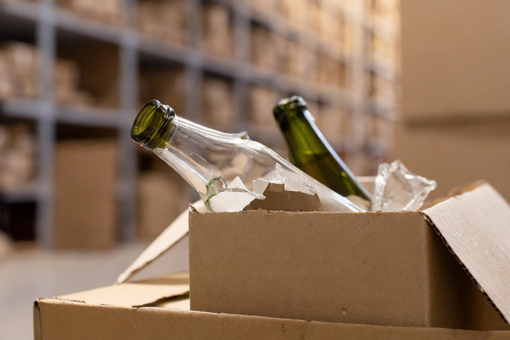 Image: Empty alcohol bottles sitting in a shipping box in a warehouse.