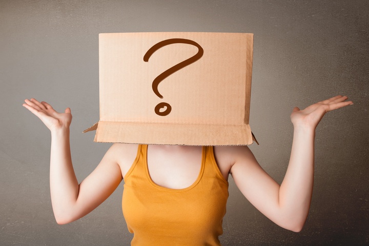 Woman With Question Mark Box on Head