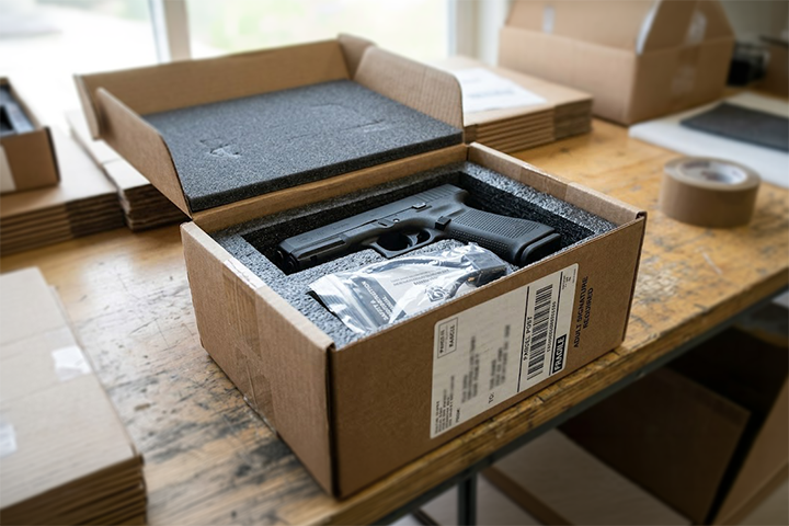 Image: Firearm packaged in a shipping box ready for shipping insurance coverage