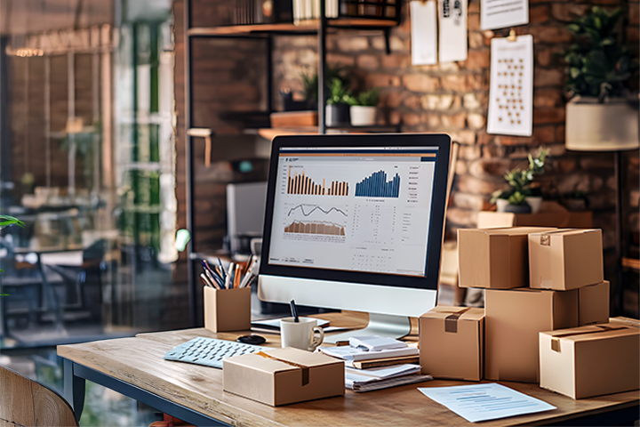 Image: Packages sitting on a desk in front of a computer with shipping statistics and graphs on the screen.