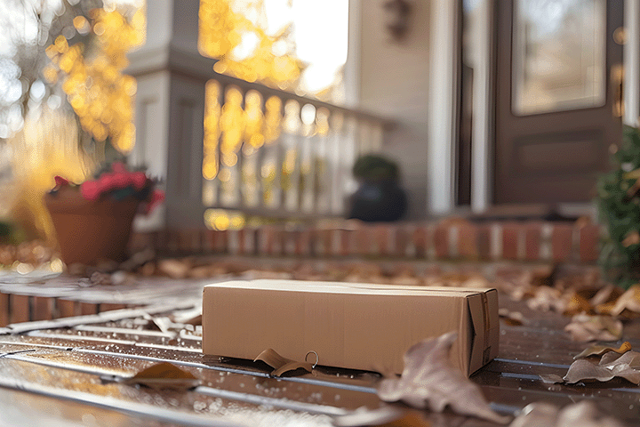 Image: A package sitting on a porch in fall vulnerable to porch piracy.