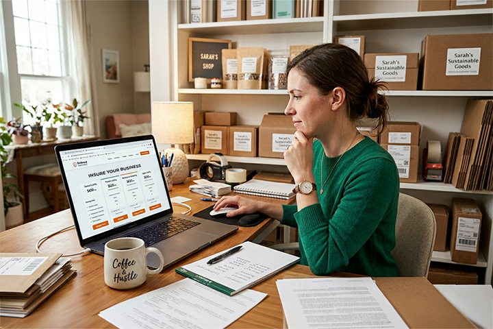 Image: A Shopify seller looking over shipping insurance options online.