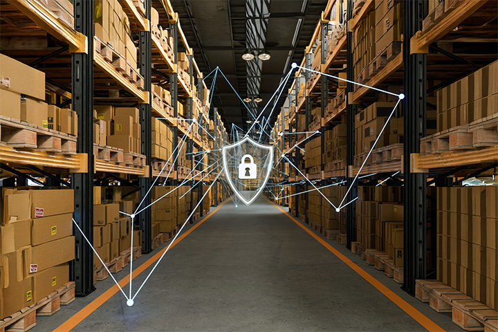 Image: A package warehouse with a technology and security overlay.