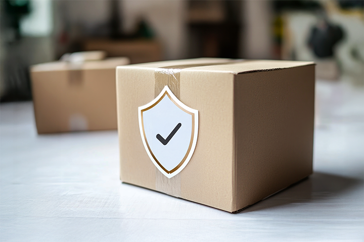 Image: Cardboard shipping box with a shield and checkmark icon representing reliable shipping insurance.