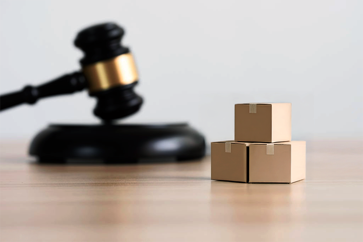 Image: Gavel sitting next to stacked shipping boxes.