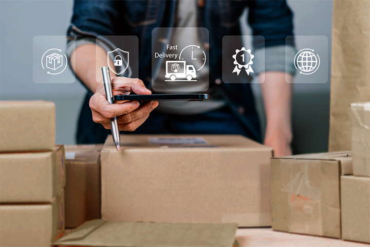 Image: Shipping worker scanning parcel with logistics and risk management icons.