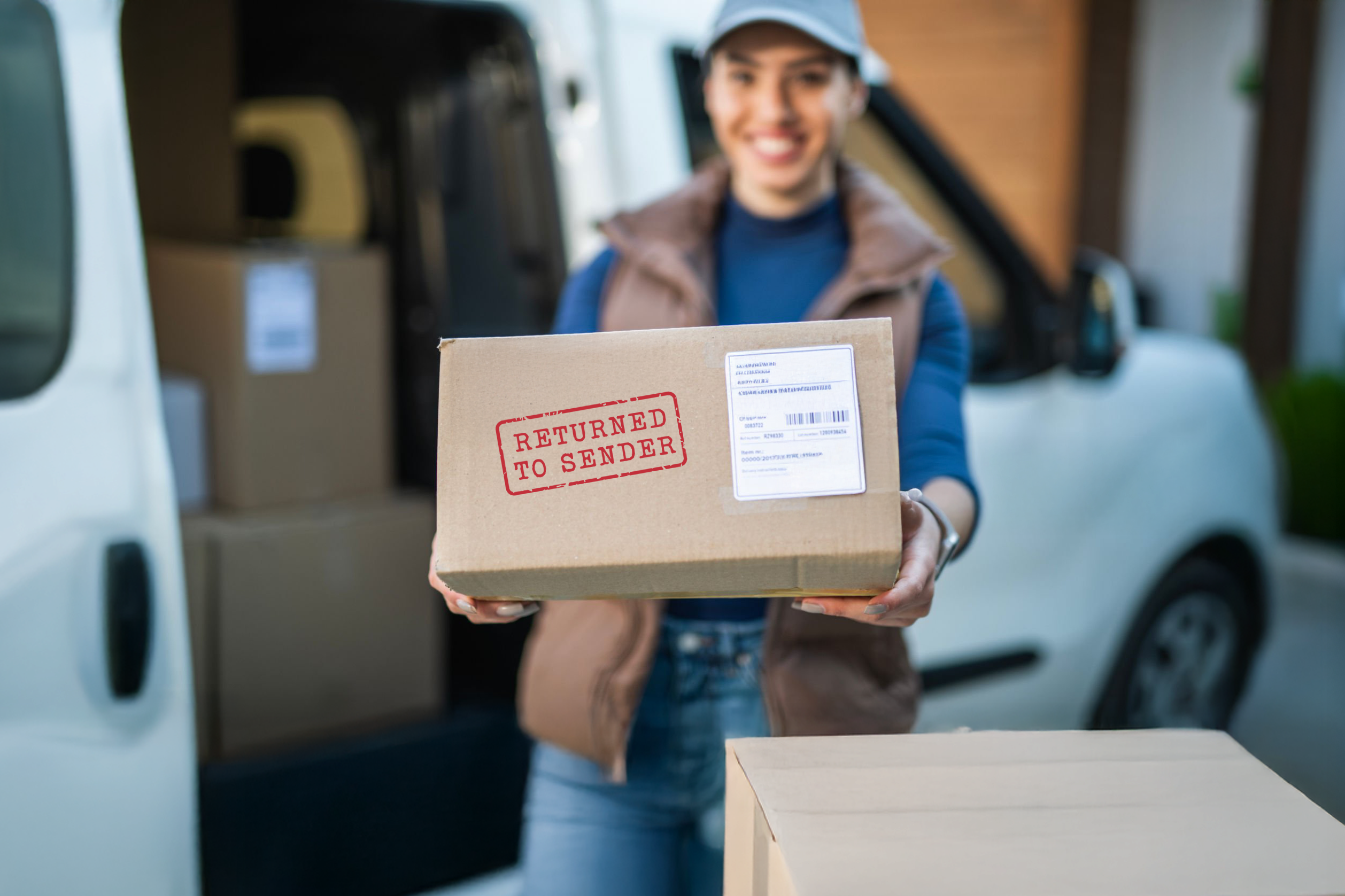 Image: A delivery worker holding a returned to sender package.