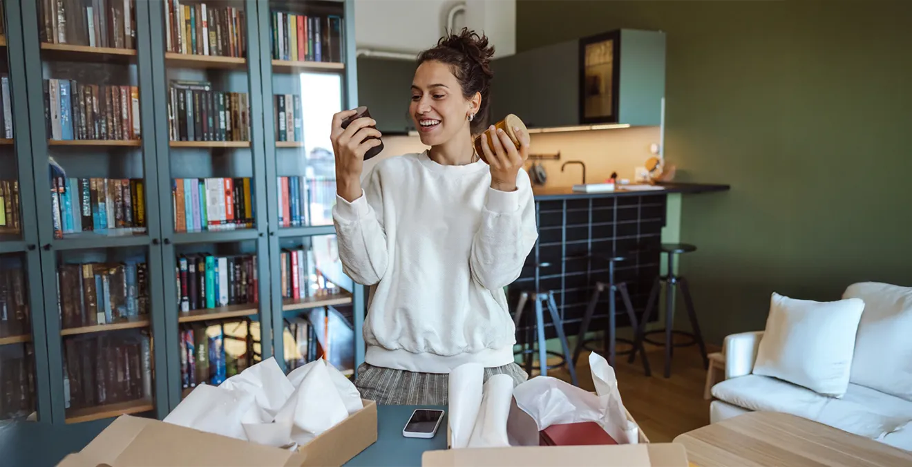Image: A happy customer unboxing a subscription box.