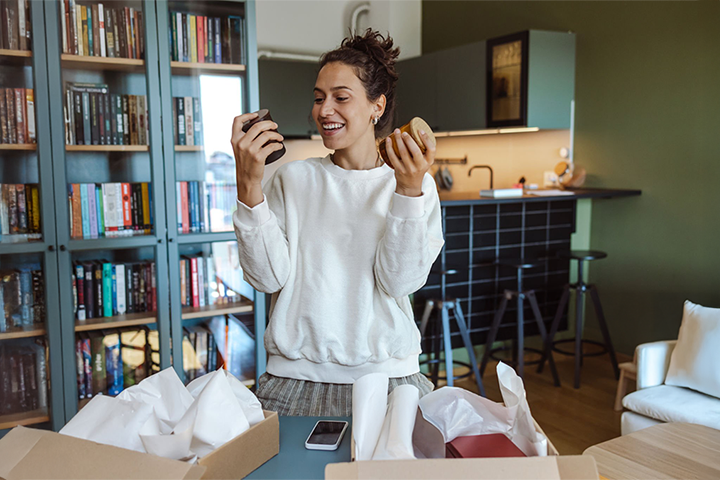 Image: A happy customer unboxing a subscription box.
