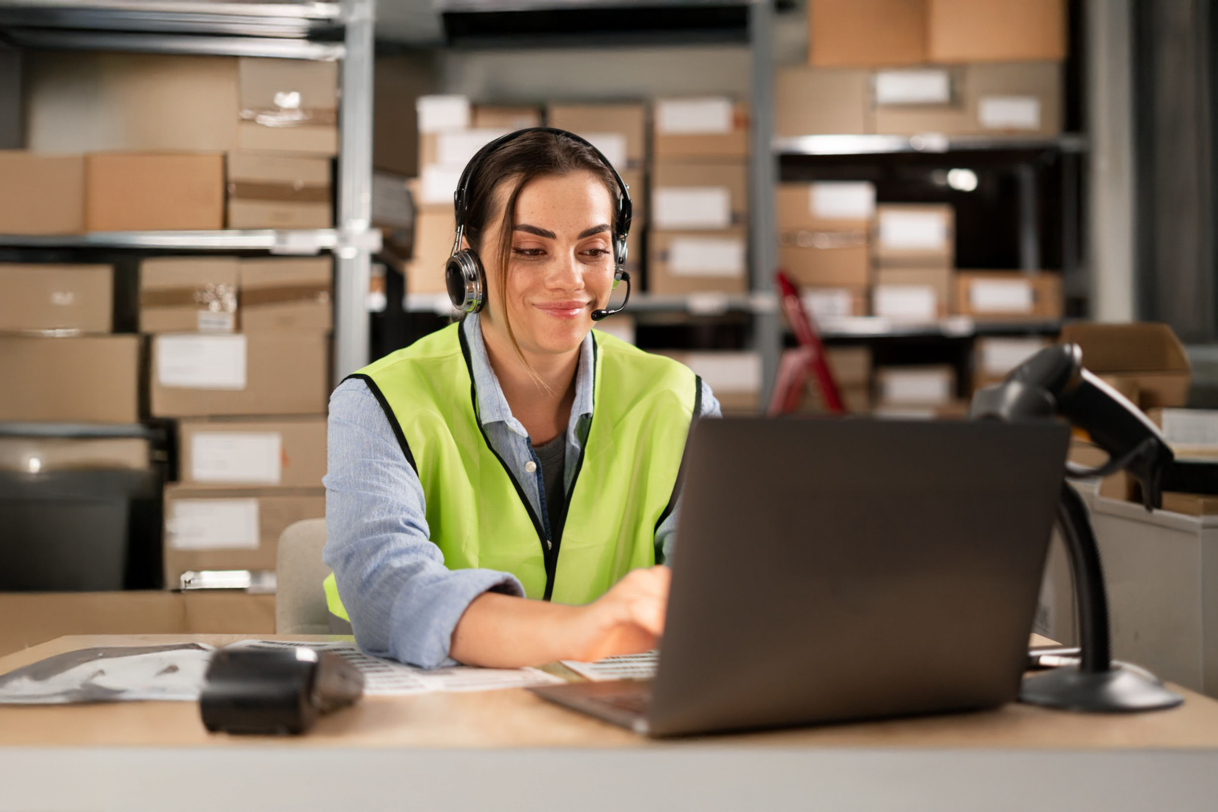 Image: Two workers using shipping software on a computer together.
