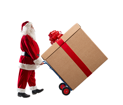 Image: Santa pushing a holiday shipment.